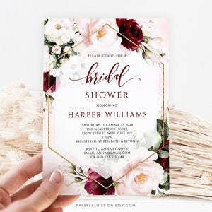 HARPER - Bridal Shower Invitation, Bridal Shower Invitation Template, Printable Bridal Shower Template, Burgundy Blush Bridal Shower Invite