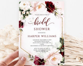 HARPER - Bridal Shower Invitation, Bridal Shower Invitation Template, Printable Bridal Shower Template, Burgundy Blush Bridal Shower Invite