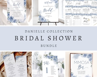 May include: A blue and white bridal shower bundle with a watercolor floral design. The bundle includes an invitation, welcome sign, table number, menu, and mimosa bar sign. The bundle also includes 12 printable bridal shower games.