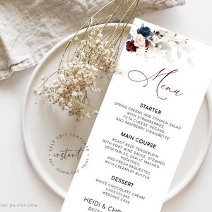 HEIDI - Modèle de carte de menu de mariage de la marine de Bourgogne, modèle de menu de mariage imprimable, menu de mariage floral modifiable, fard à joues marine bordeaux