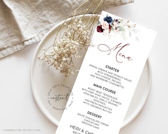 Burgundy Floral Wedding Menu Card Template (Digital Download)