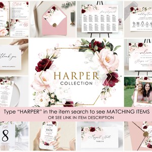 May include: A set of wedding stationery featuring a floral design with burgundy and blush pink flowers. The stationery includes a save the date card, wedding invitation, thank you card, table number card, and a welcome sign. The text on the stationery reads "Harper and Lawrence".