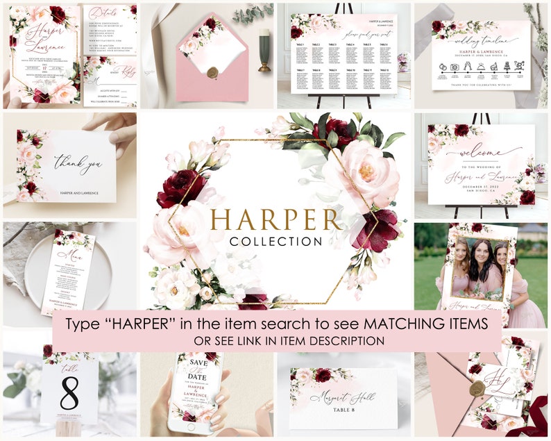 May include: A set of wedding stationery featuring a floral design with burgundy and blush pink flowers. The stationery includes a save the date card, wedding invitation, thank you card, table number card, and a welcome sign. The text on the stationery reads "Harper and Lawrence".
