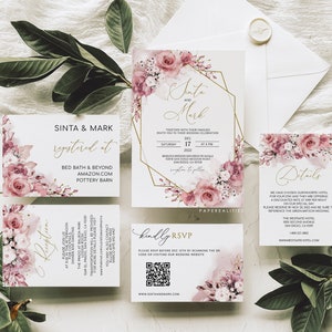 SINTA - Dusty Rose Hochzeitseinladung Vorlage, bearbeitbare Hochzeitseinladung Set, Boho Blush rosa Hochzeit lädt ein, druckbare Hochzeitsvorlage