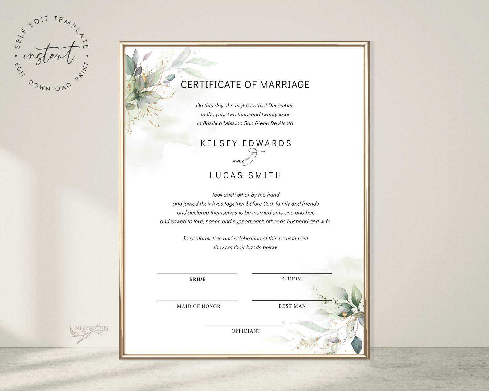 Certificate of Marriage Template, Marriage Certificate Printable Editable, Greenery Wedding