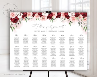 Plantilla de plano de asientos para boda con flores burdeos (descarga digital)