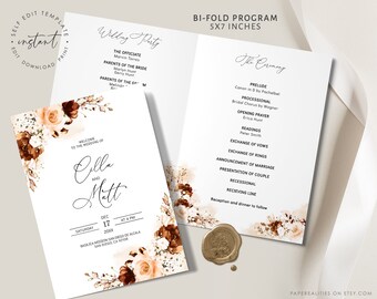 Mall för bröllopsprogram med bränd orange blommönster (digital nedladdning)