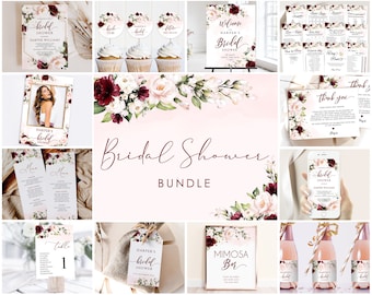 HARPER - Bridal Shower Bundle Templates, Bridal Shower Invitation Set, Printable Bridal Shower Template, Burgundy Blush Bridal Shower Invite