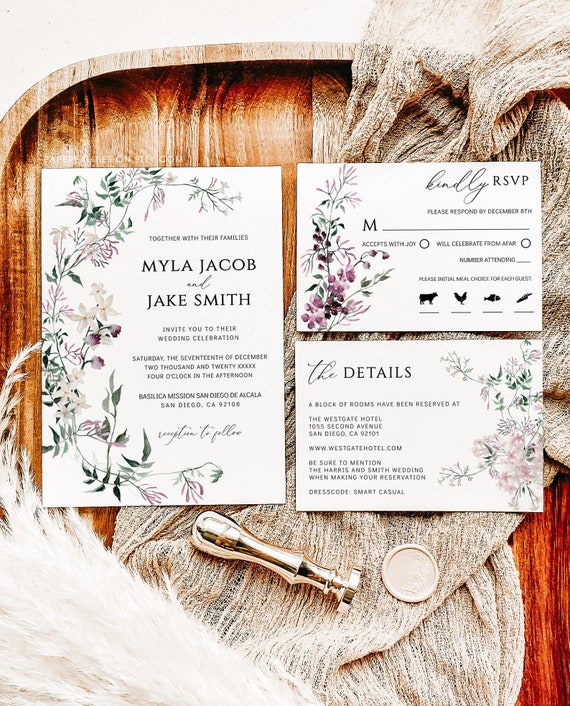 Wildflower Wedding Invitation Suite: Plum, Sage Green (Digital Download)