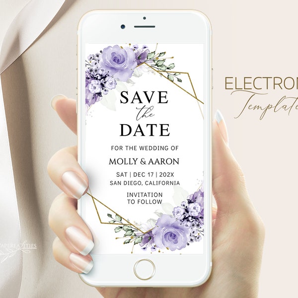 MOLLY - Lavender Wedding Save the Date Template, Electronic Save the Date, Green and Lilac Floral Save the Date Evite, Digital Save the Date