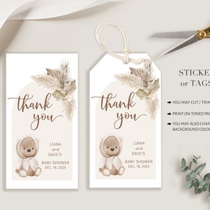 Bear Baby Shower Favor Tags Template, Pampas Baby Shower Tag, Teddy ...