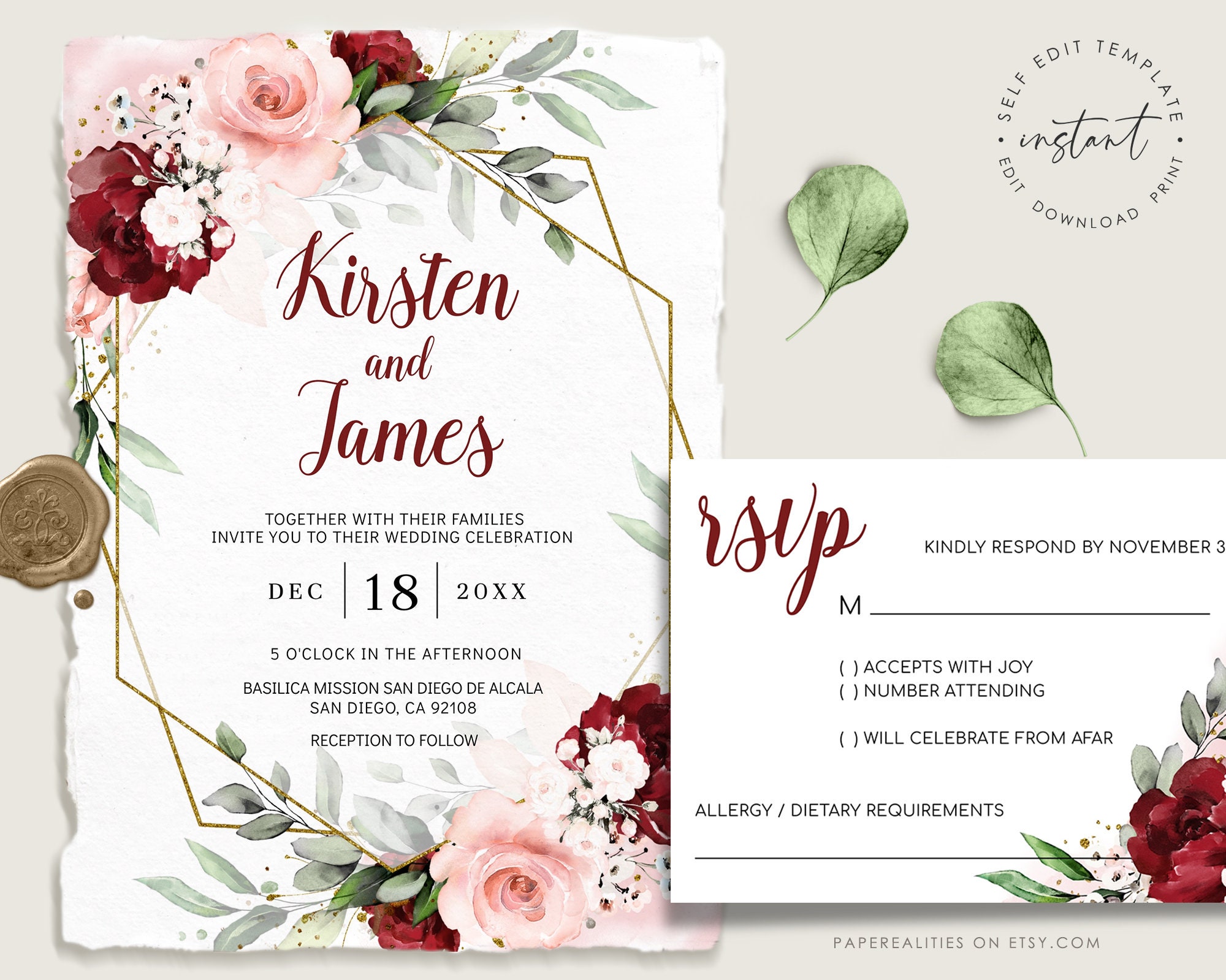 KIRSTEN Wedding Invitation Template Blush and Burgundy - Etsy Singapore