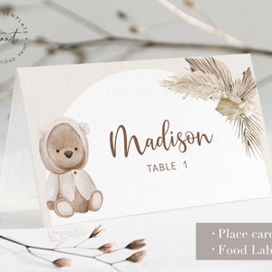Bär Baby Shower Tischkarte Vorlage, Boho Pampas Baby Shower Essen Etikett, Bearbeitbare Buffet Etiketten, Zeltkarte Essen Etiketten, Buffet ZeltKarten