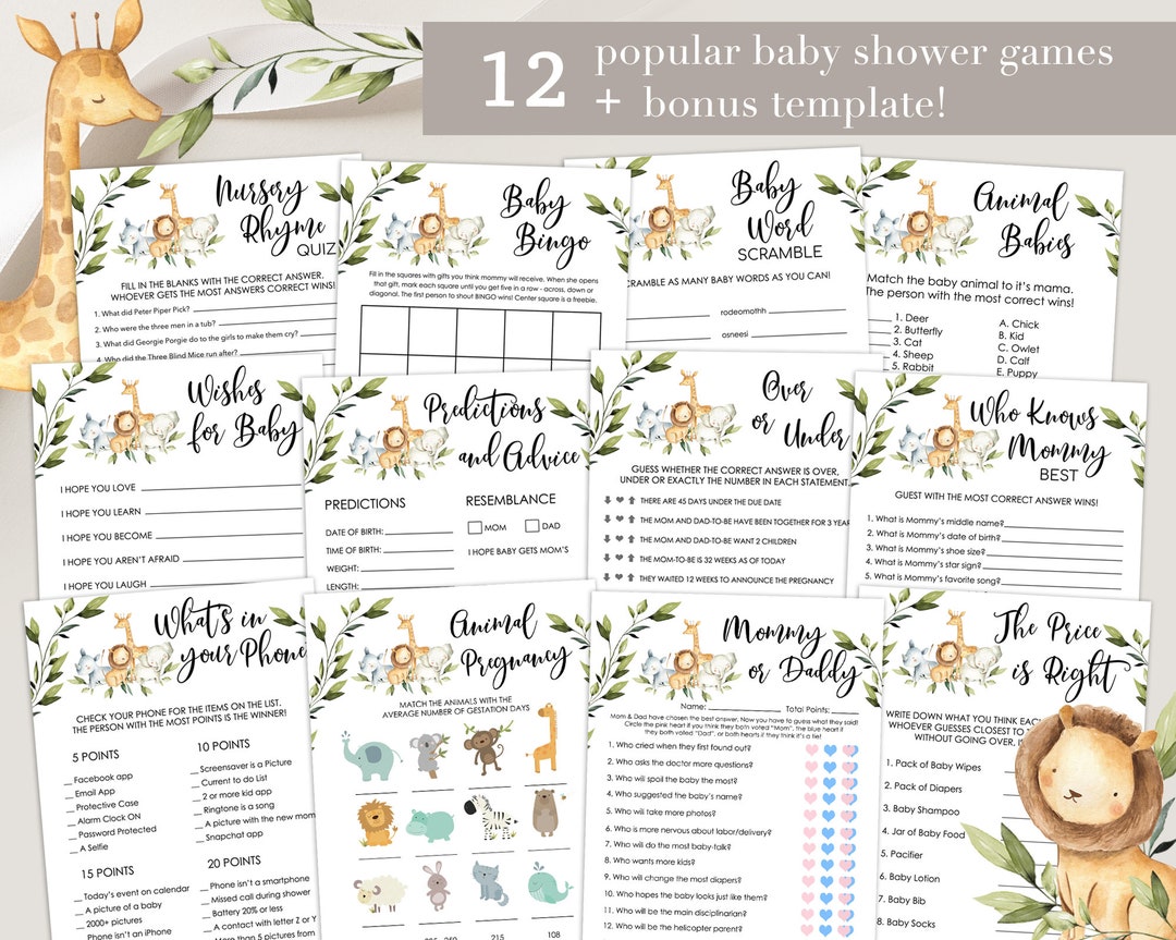 Safari Baby Shower Games Bundle: Printable Template (digital Download ...