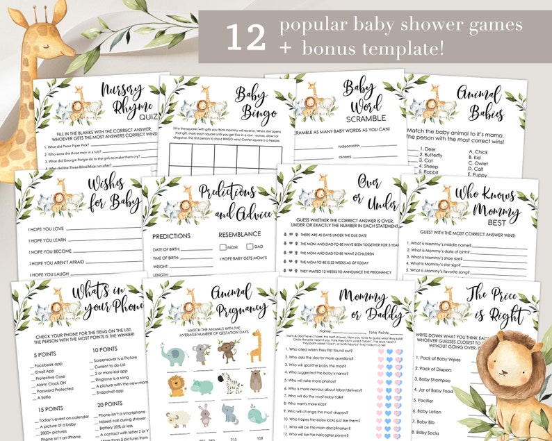 K&ouml;nnte beinhalten: Ein Set mit 12 druckbaren Babyparty-Spielen mit Dschungeltier-Motiv. Die Spiele beinhalten "Kinderreim-Quiz", "Baby-Bingo", "Baby-Wortsalat", "Tierbabys", "&Uuml;ber oder unter", "Wer kennt Mama am besten", "Was ist in deinem Telefon", "Tierische Schwangerschaft", "Vorhersagen und Ratschl&auml;ge", "W&uuml;nsche f&uuml;r das Baby", "Mama oder Papa" und "Der Preis ist richtig".
