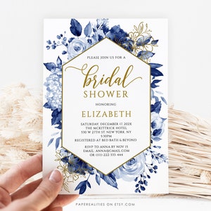 Navy Blue Bridal Shower Invitation, Wedding Shower Invitation Template, Bridal Shower Invite, Printable Editable Floral Bridal Shower, ELIZA