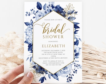 Navy Floral Bridal Shower Invitation Template (Digital Download)