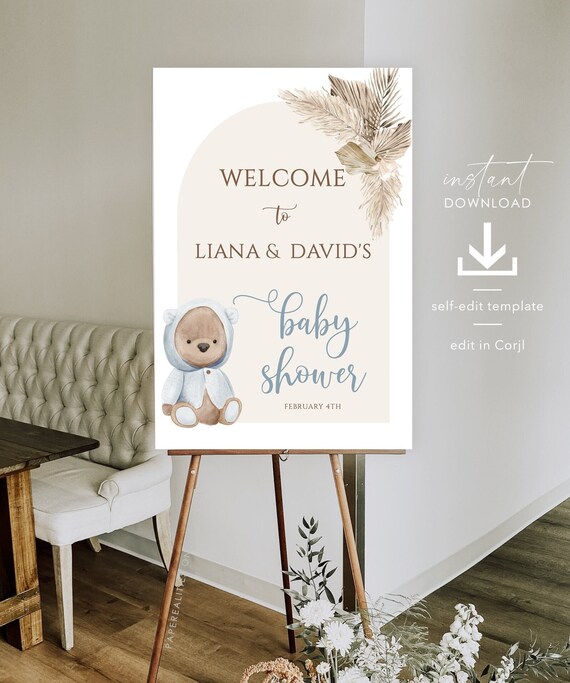 Dusty Blue Bear Baby Shower Sign Template, Bear Baby Shower Boy.