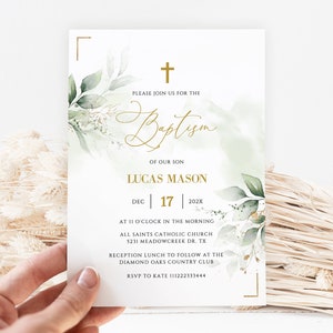 Baptism Invitation Template, Minimalist Greenery Baptism Invitation, Printable Christening Invitation Greenery and Faux Gold, Baptism Invite