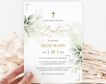 May include: Baptism invitation with gold script and a cross. The invitation includes the text "Please join us for the Baptism of our son Lucas Mason" and event details. Green and gold floral accents decorate the corners.