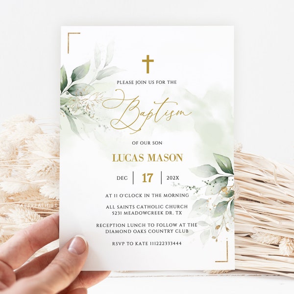 Baptism Invitation Template, Minimalist Greenery Baptism Invitation, Printable Christening Invitation Greenery and Faux Gold, Baptism Invite