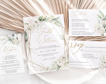 Greenery Wedding Invitation Template: Faux Gold Geometric Set (Digital Download)