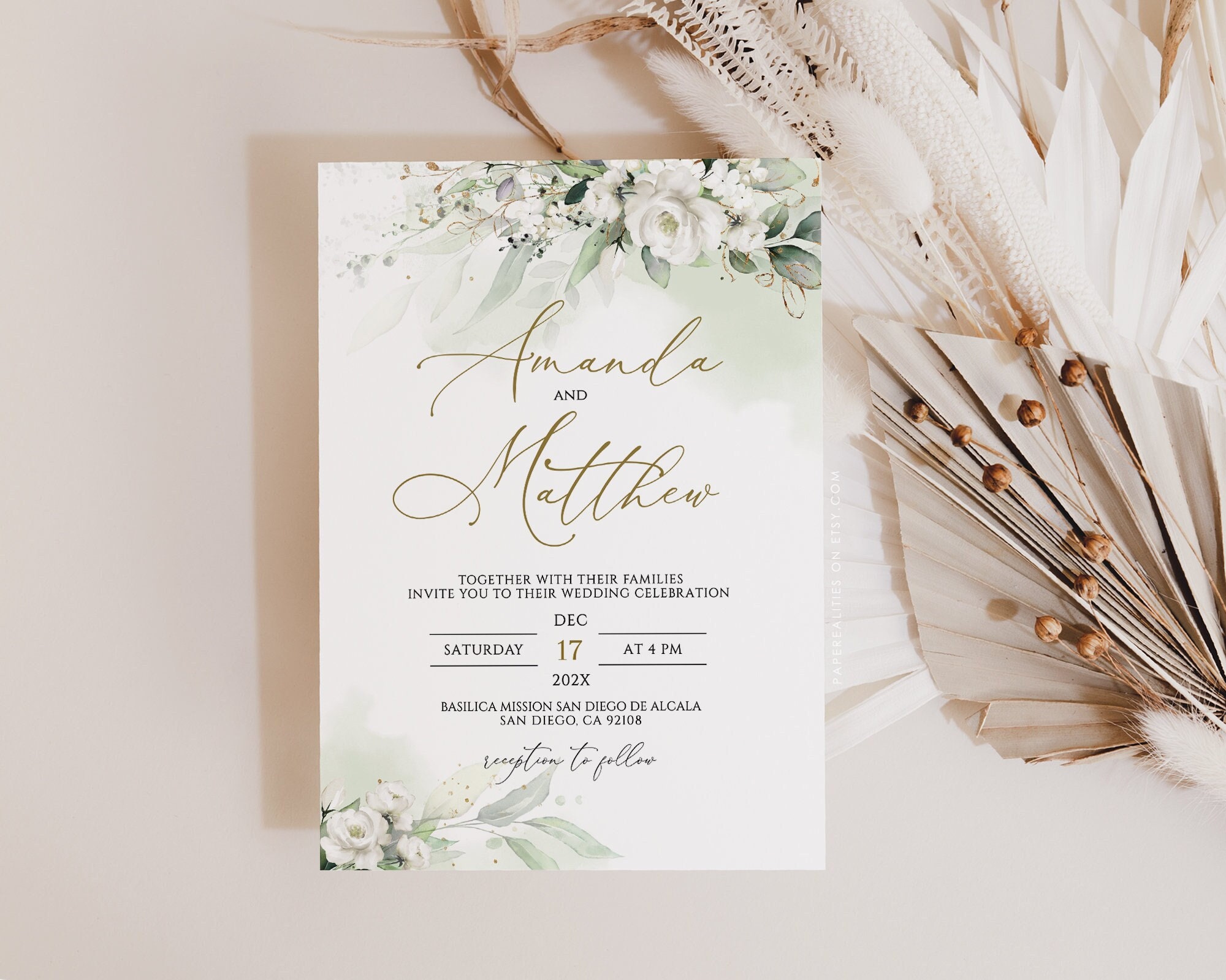 Plantilla de invitación de boda con flores blancas: Rosas verdes (descarga  digital) - Etsy México, image size:2000x1599