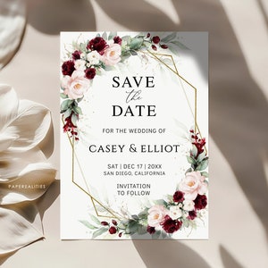 Burgunderrote Hochzeit speichern die Datumsvorlage, druckbare bearbeitbare Speichern die Datumskarte, Floral Burgunder rosa Salbei Speichern die Daten Corjl, CASEY