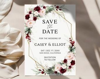 May include: A Save the Date wedding invitation featuring a floral design with burgundy and blush roses, white flowers, and green foliage. The text includes the names Casey & Elliot, date, and location.