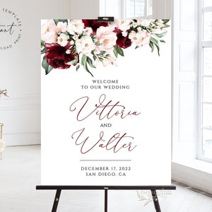 Burgundy Floral Wedding Welcome Sign Template (Digital Download)