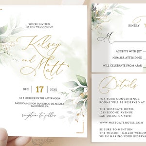 KELSEY Minimalist Greenery Wedding Invitation Template, Wedding Invitation, Printable Wedding Invitation Template Set, Greenery Faux Gold image 3