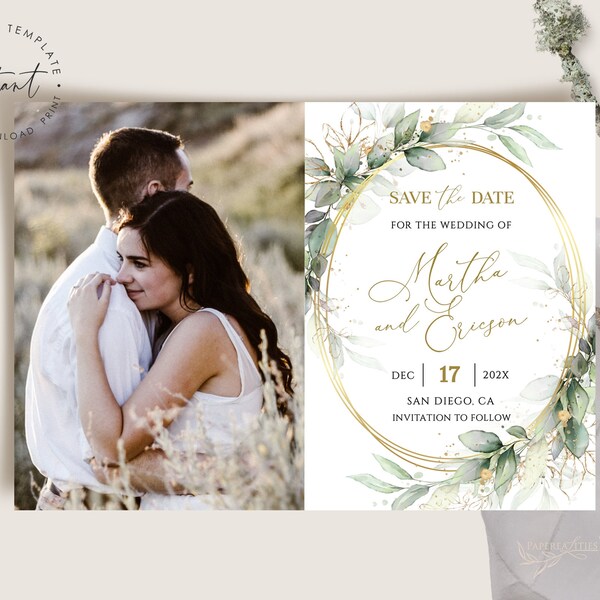 Greenery Photo Save the Date Template: Faux Gold Geometric Design (Digital Download)