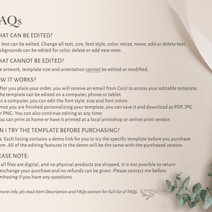 May include: FAQs for an editable template. The text, size, font style, colour, and background can be edited. The artwork, template size, and orientation cannot be edited. You can try the template before purchasing.