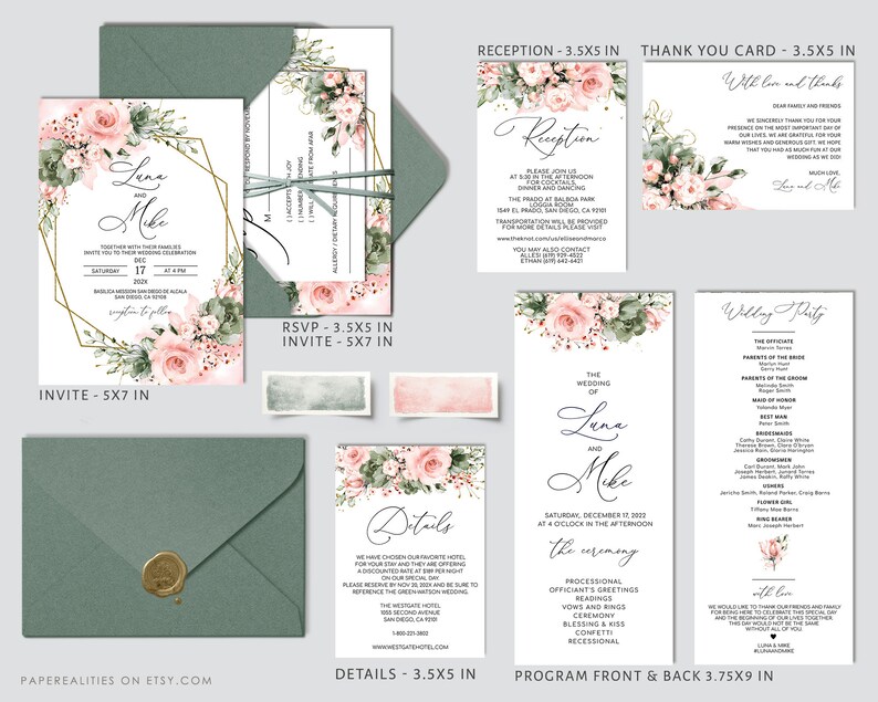 Sage Green Floral Wedding Invitation Set: Blush Pink Garden (digital ...