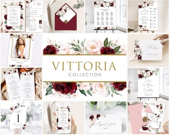 Burgundy Wedding Invitation Bundle Template, Boho Wedding Invitation, Editable Wedding Template Bundle Burgundy Blush Floral Corjl, VITTORIA