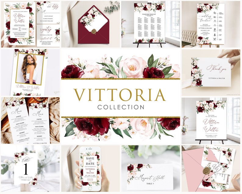 K&ouml;nnte beinhalten: Eine Kollektion von Hochzeitspapieren mit einem burgunderfarbenen und rosafarbenen Blumendesign mit goldenen Akzenten. Die Kollektion umfasst Einladungen, Save-the-Dates, Men&uuml;s, Tischnummern und Dankeskarten. Der Text "VITTORIA COLLECTION" ist in goldenen Buchstaben dargestellt.