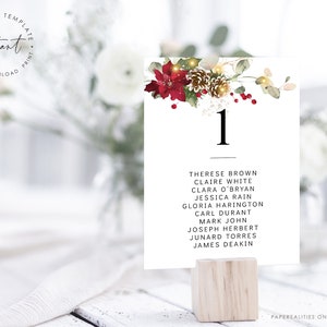 Modèle de plan de salle sur le thème de Noël, Plan de salle de mariage d’hiver, Plan de salle modifiable, Fête de Noël Holly Poinsettia, NATALIE