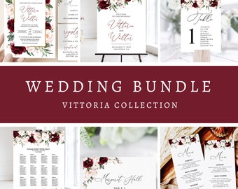 Può includere: Set di cartoleria per matrimoni con un design floreale bordeaux e rosa. Il set include un cartello di benvenuto, un numero di tavolo, un piano di posti a sedere, un segnaposto e menu. Il testo sul cartello di benvenuto recita "Benvenuti al nostro matrimonio, Vittoria e Walter, 17 dicembre 2022, San Diego, CA".