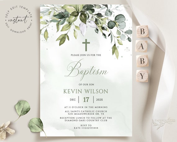 Baptism Invitation Template Greenery Baptism Invitation - Etsy