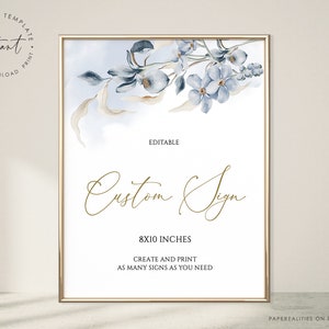 LANA- Dusty Blue Custom Sign Sjabloon, Aanpasbare Bruiloft Tafel Teken, Afdrukbare Aangepaste Sign, Dusty Blue Bruiloft Teken, Bewerkbare Aangepaste Sign