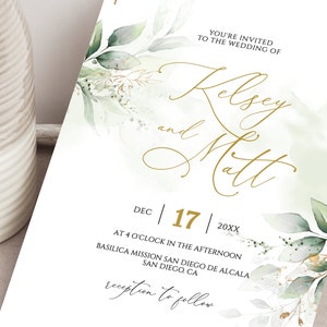 KELSEY Greenery Wedding Invitation Template Download, Printable Wedding Invitation, Greenery and Faux Gold Wedding Invitation Editable image 6