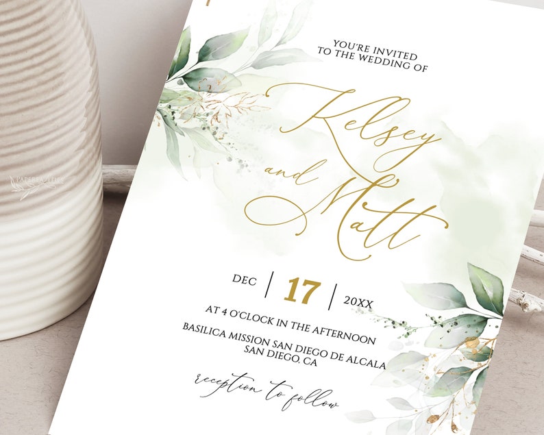 KELSEY Greenery Wedding Invitation Template Download, Printable Wedding Invitation, Greenery and Faux Gold Wedding Invitation Editable image 6