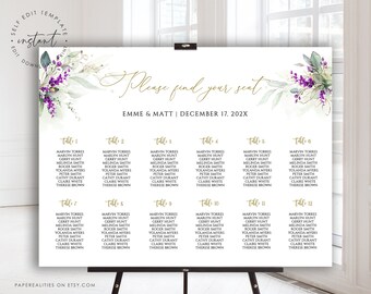 EMME - Seating Chart Template with Purple Flowers, Wedding Seating Chart Poster, Editable Seating Arrangement, Seating Chart Plan Template