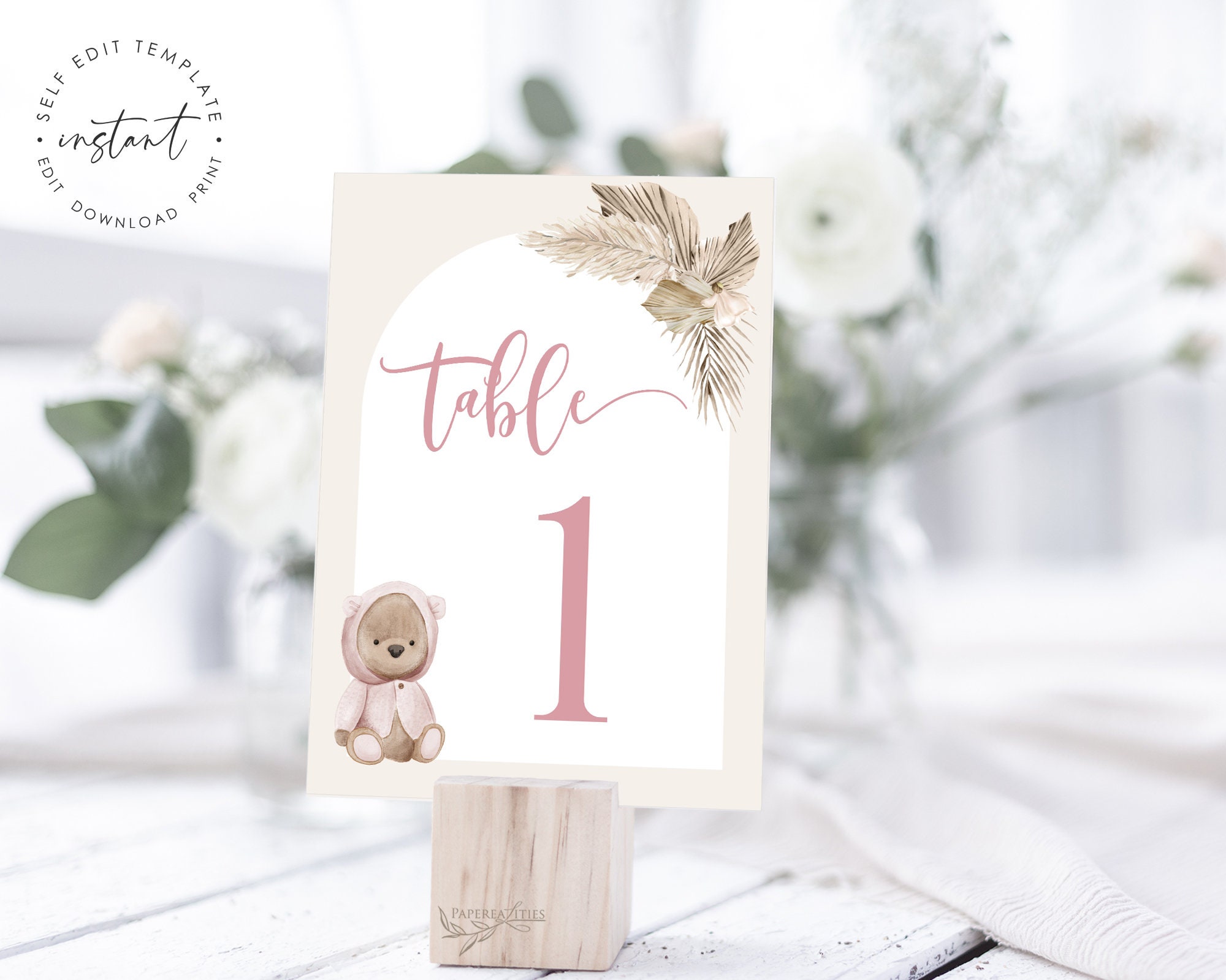Bear Baby Shower Table Number Template Dusty Pink Table - Etsy