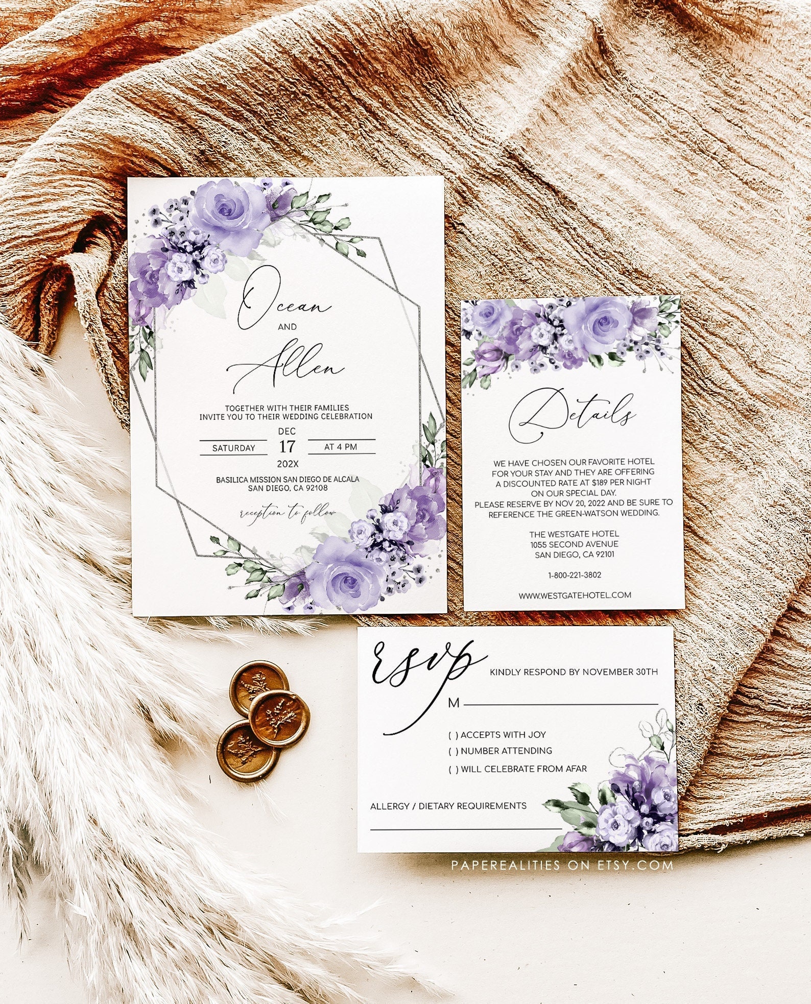 OCEAN Lilac Floral Wedding Invitation 3pcs Wedding Etsy
