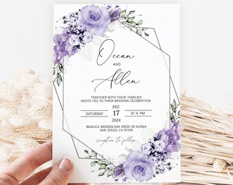 Lavender Floral Wedding Invitation Template: Lilac & Silver (Editable Printable)