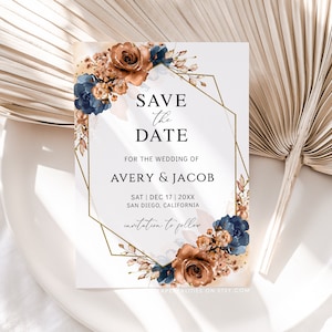 テラコッタ ネイビー ブルーの Save the Date テンプレート、バーント オレンジ ブルーのウェディング Save the Date 招待状、印刷可能で編集可能な花柄の Save the Date、AVERY