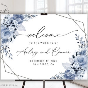 AUDREY - Dusty Blue Wedding Welcome Sign Template, Landscape Welcome Poster, Printable Welcome Sign, Floral Dusty Blue Welcome Sign, Corjl