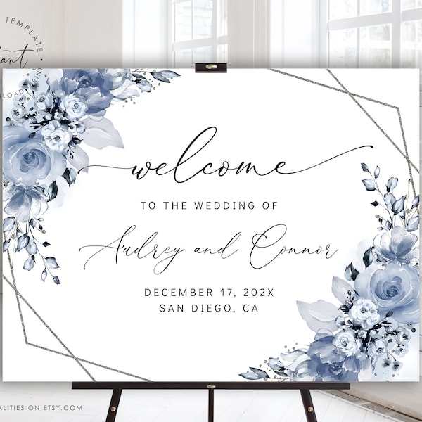 AUDREY - Dusty Blue Wedding Welcome Sign Template, Landscape Welcome Poster, Printable Welcome Sign, Floral Dusty Blue Welcome Sign, Corjl