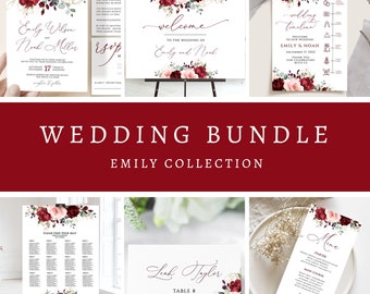 Burgundy Blush Floral Wedding Invitation Suite Template (Digital Download)
